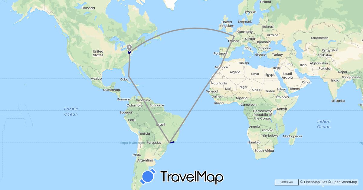 TravelMap itinerary: driving, plane, boat in Brazil, Bahamas, France, Morocco, United States (Africa, Europe, North America, South America)